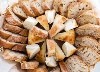 Top view of white bread in basket. Close up
