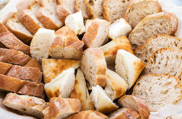 Top view of white bread in basket. Close up