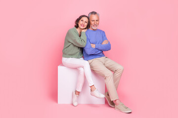 Full size photo of two peaceful idyllic partners sit podium cuddle folded arms isolated on pink color background