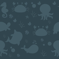 Seamless children's pattern animal style silhouette on dark background. Vector illustration.