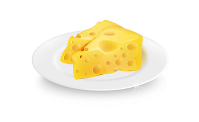 Vector realistic 3D cheese on a white plate. Delicious pieces of cheese. Food decoration.