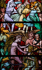 Fototapeta premium Saint RŽmy de Troyes church. Stained glass window by Charles-Franois Champigneul (1820-1882). The Last Judgement. Hell and the capital sins.....