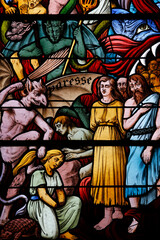 Fototapeta premium Saint RŽmy de Troyes church. Stained glass window by Charles-Franois Champigneul (1820-1882). The Last Judgement. Hell and the capital sins.......