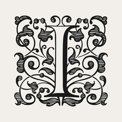 I letter logo in medieval gothic style. Engraving drop cap icon.