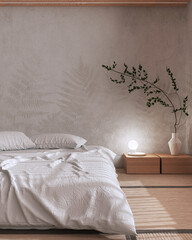 Japandi bedroom mock up in white and beige tones. Japanese minimal interior design with copy space