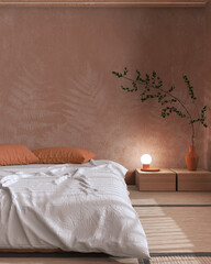 Japandi bedroom mock up in white and orange tones. Japanese minimal interior design with copy space