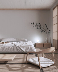 Japandi bedroom mock up in white and bleached tones. Bed with pillows, wallpaper, japanese minimal interior design with copy space