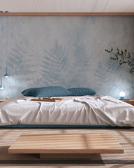 Japandi bedroom mock up in white and blue tones. Bed with pillows, wallpaper, tatami mats. Japanese...