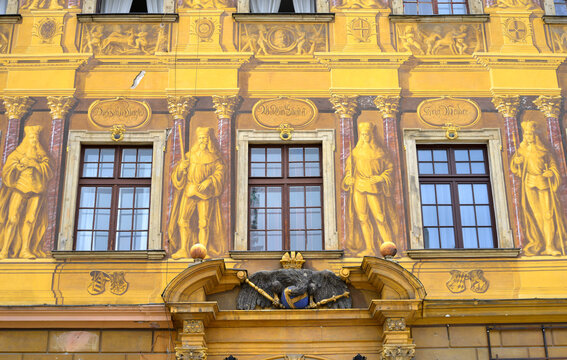 Wroclaw, Poland painted historical facade town hall building at the main market square