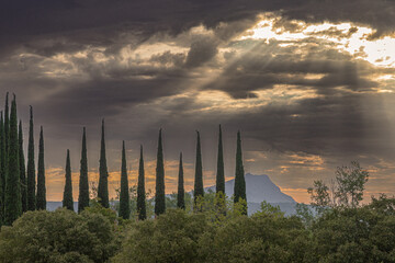 Sainte Victoire mountain in the light of a cloudy summer morning