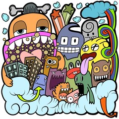 Hand-drawn illustrations, monsters doodle, Hand Drawn cartoon monster illustration,Cartoon crowd doodle hand-drawn Doodle style.