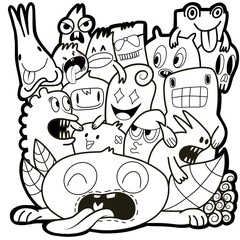 Hand-drawn illustrations, monsters doodle, Hand Drawn cartoon monster illustration,Cartoon crowd doodle hand-drawn Doodle style.black and white stripes coloring  book