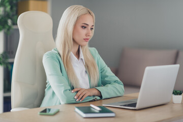 Photo of intelligent concentrated person sitting chair look watch video wireless netbook modern office indoors