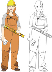 woman builder in overalls and a protective helmet, holds work gloves and a building level in her hands. fictional character