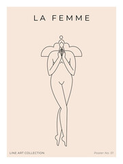 Contemporary modern poster. Woman silhouette, nude female body in abstract pose, feminine figure design. Line art. Femininity, Mid century beauty concept for wall art decor print. Vector illustration