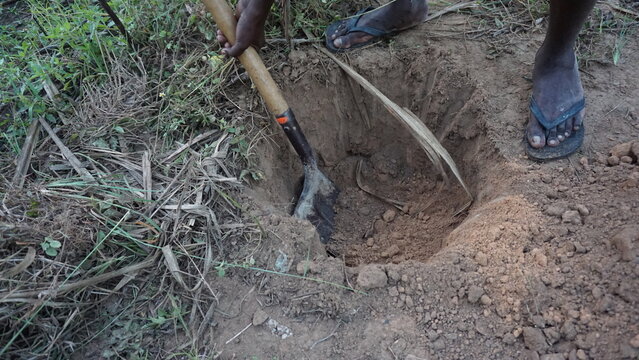 a volunteer digging a planting hole in order to plant a tree in the community of Anse a Pitres in Haiti in the month of January 2022