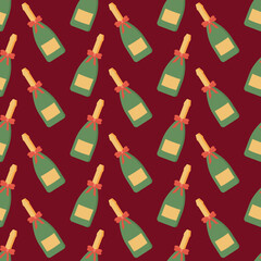 Bottles of Sparkling wines. Champagne hand drawn colorful Vector seamless Pattern. Wallpaper, background, wrapping paper template