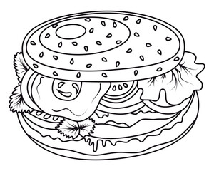 Hamburger. A bun with stuffing. Fast Food. Graphics. Cartoon. Vector. Close-up