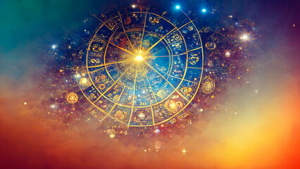 Golden star zodiac in a sky full of constellations for astrologers - obrazy, fototapety, plakaty