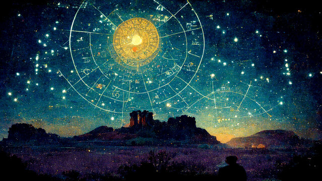 Starry and bright zodiac in the desert sky with a vintage and romantic style, leaving room for the dreams of life