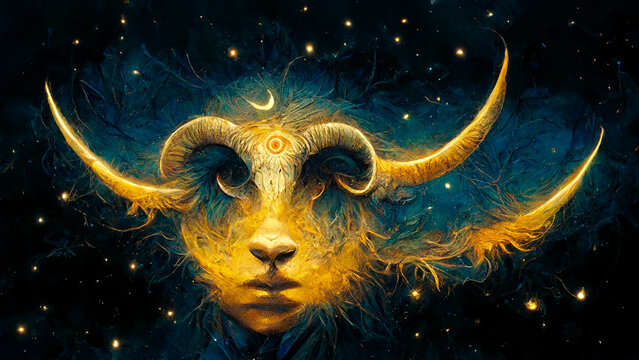 Head of belier drawn in the sky as an astrological sign and with constellations