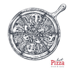 Hand drawn vector pizza in sketch style. Traditional Italian food. Illustration of whole pizza on the board.