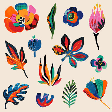 Set of vector floral obgects in modern abstract style. Flowers, leaves, cut papar elements and hand drawn texture