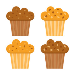 Set of muffins color vector icons with chocolate. Flat cupcakes illustration. Cake desserts design.