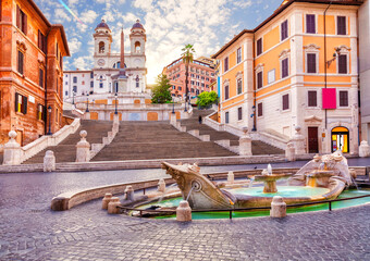 Fountain of the Boat or Fontana della Barcaccia and the Spanish Steps (Piazza di Spagna), Rome, Italy - obrazy, fototapety, plakaty