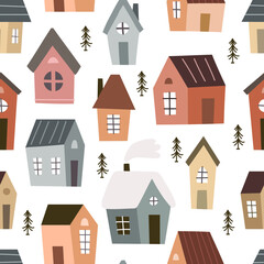 holiday Seamless pattern with cartoon houses, decor elements. colorful vector for kids, flat style. hand drawing. Baby design for fabric, textile, print, wrapper.