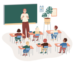 Teacher and students at the lesson. School life. Children writing. Education concept. Flat vector illustration.