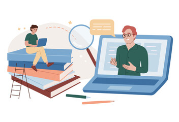 Online education concept. Tutoring. Master class. Online school. Student on the giant pile of books with a laptop. Boy and a teacher. School subjects. Online courses. Tutor. Flat vector illustration.