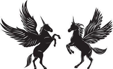 cute unicorns with wings silhouette isolated, vector