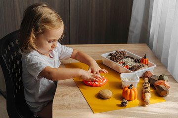 A little girl playing with autumn natural materials and play dough. Educational game for toddlers.  Montessori material. Sensory play ideas and fall nature crafts concept.