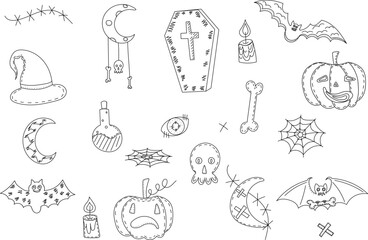 halloween doodle set, icons for halloween, isolated vector