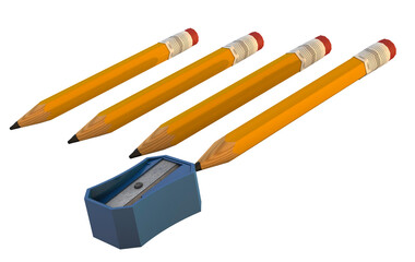 Pencils lined up for sharpening with blue sharpener a back to school 3D concept