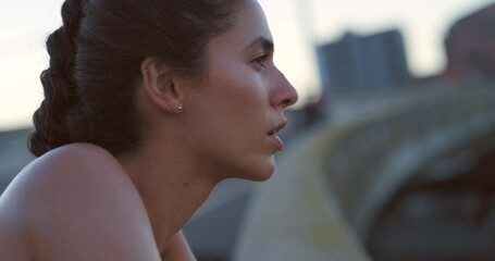 Sweating, tired and breathe fitness woman breathing for mental health rest, body break and training quit in city. Sports runner, athlete and challenge struggle with running loss, workout and exercise