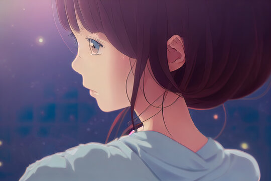 Cute good-looking woman in love. Happy, sad, depressed woman thinking about her lover. Small emotions. Anime, manga, cartoon painting, illustration.