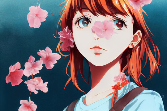Beautiful redhead anime, manga girl in love. Cute young woman thinking about her love. Painting, drawing of a lady looking happy with sakura, cherry flowers falling.