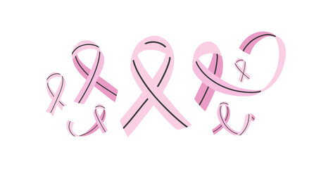 Set of various pink ribbons, breast cancer symbol. Cute cartoon elements. Vector illustration.