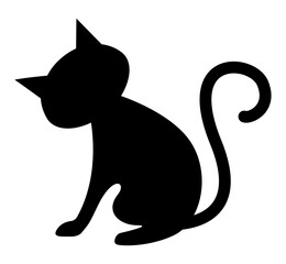 Black cat illustration. Flat black adorable black cat illustration, isolated on white background. Kitten cartoon sketch clip art, for your design projects.