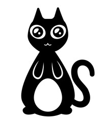 Black cat illustration. Flat black adorable black cat illustration, isolated on white background. Kitten cartoon sketch clip art, for your design projects.