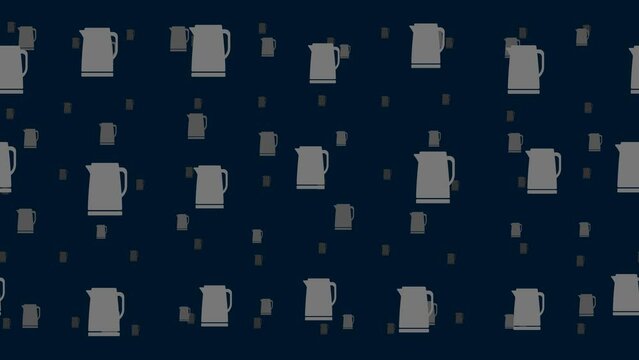 Kettle symbols float horizontally from left to right. Parallax fly effect. Floating symbols are located randomly. Seamless looped 4k animation on dark blue background