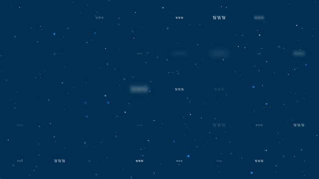 Template animation of evenly spaced www symbols of different sizes and opacity. Animation of transparency and size. Seamless looped 4k animation on dark blue background with stars