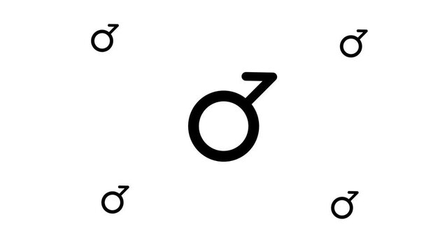 Zoom in and out animation the demiboy symbol. Large black symbol in the center and four small symbols around. Seamless looped 4k animation on white background