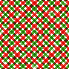 Christmas plaid stripes pattern, seamless brush texture gingham background, red and green geometric tartan, gift paper vector