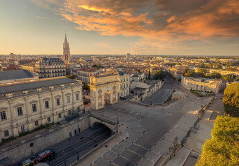 Aerial view of The Porte du Peyrou and  Montpellier city at sunrise, France. The Porte du Peyrou is a triumphal arch in Montpellier, in southern France.