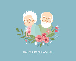 Print. Nice old couple. Grandparents. Cartoon characters. Grandma and Grandpa's Day. Poster, postcard, invitation.