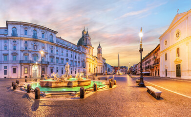 Piazza Navona with the Moor Fountain and Basilica at sunrise, Rome, Italy