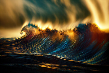 Tsunami wave apocalyptic water Storm. Large tidal wave coming on to the beach. Night fantasy seascape with flashes of lightning, strong wind, gloomy dramatic sky. 3D render